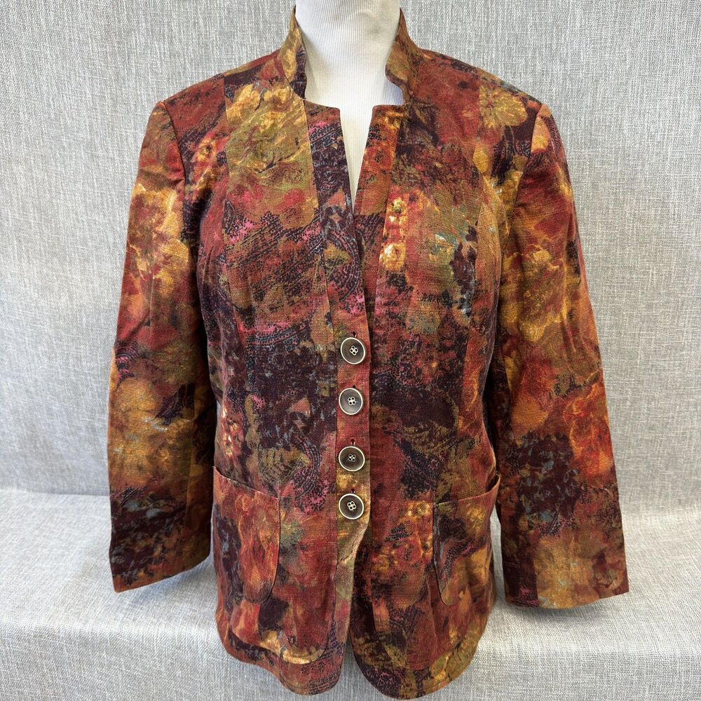 Coldwater Creek Womens Jacket 16 Brown rust orange Blazer Cotton Blend floral